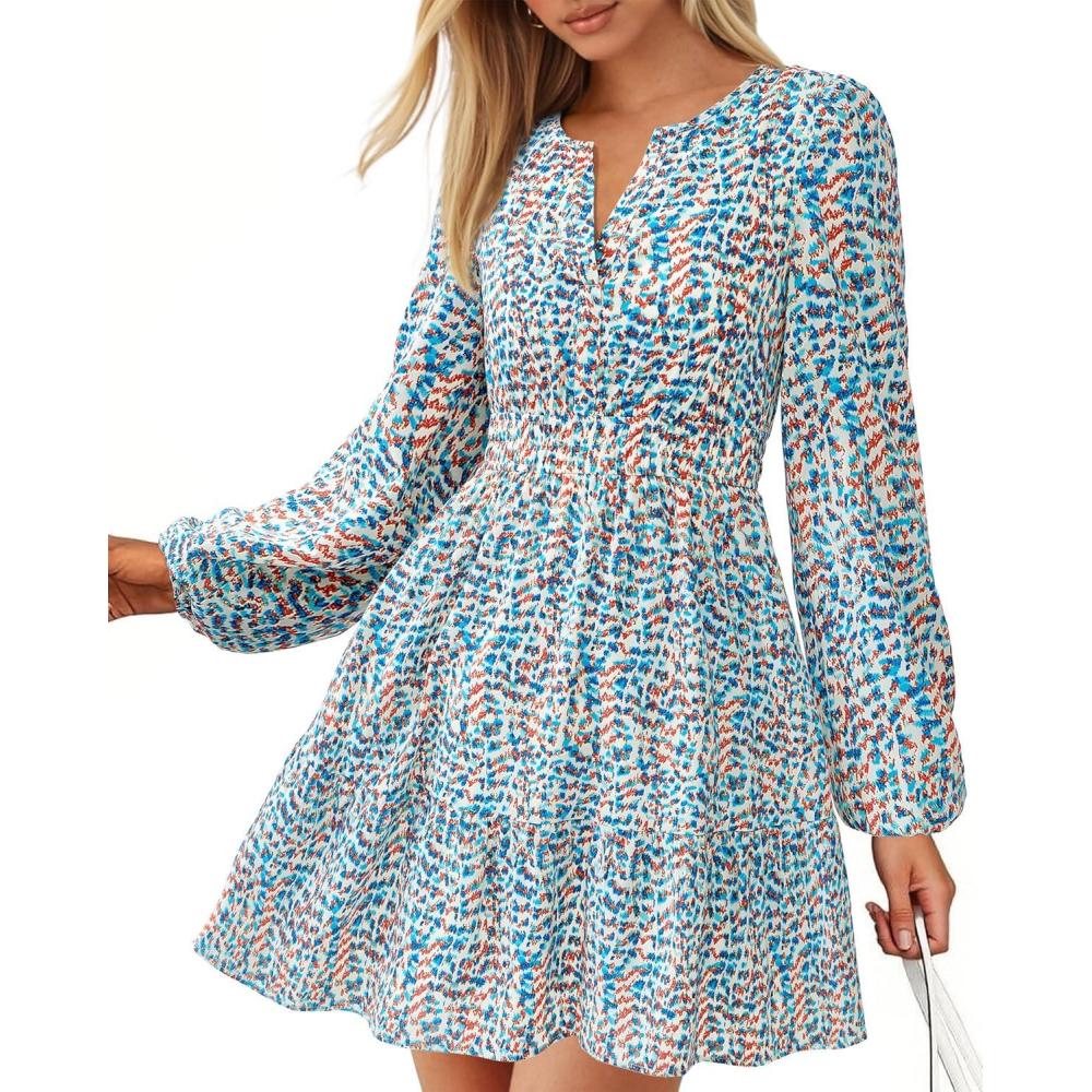 imageBTFBM Fall Dresses for Women 2025 Long Sleeve Elastic Waist Mini Wedding Guest Dress Boho Floral Beach Vacation ClothesFloral Blue White