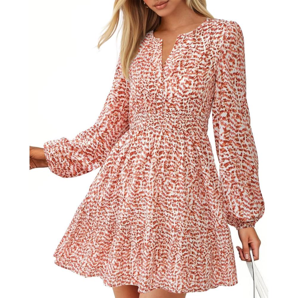 imageBTFBM Fall Dresses for Women 2025 Long Sleeve Elastic Waist Mini Wedding Guest Dress Boho Floral Beach Vacation ClothesFloral Orange