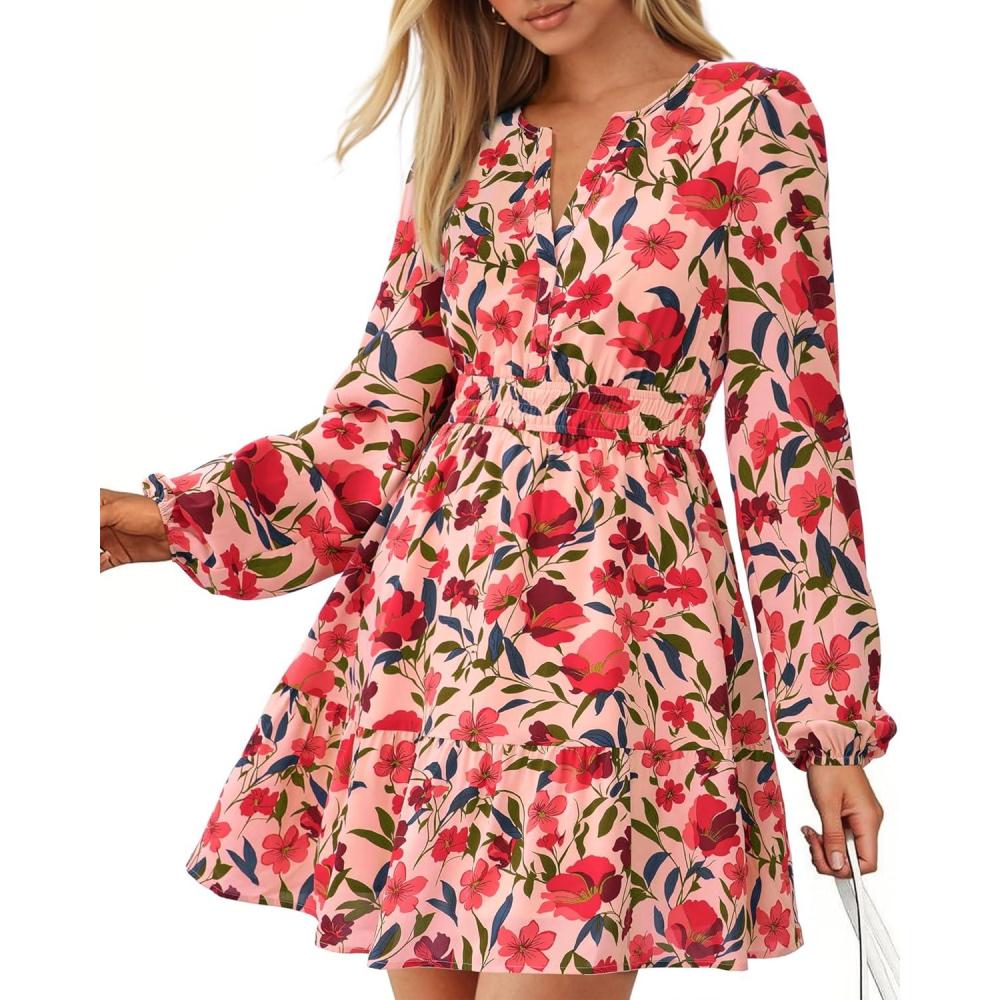 imageBTFBM Fall Dresses for Women 2025 Long Sleeve Elastic Waist Mini Wedding Guest Dress Boho Floral Beach Vacation ClothesOrange Pink Red Flower