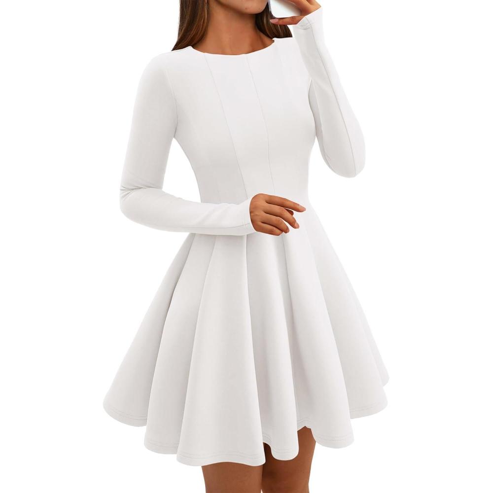 imageBTFBM Fall Dresses for Women 2025 Long Sleeve High Waist Pleated Flowy A Line Party Wedding Guest Dress Business CasualWhite