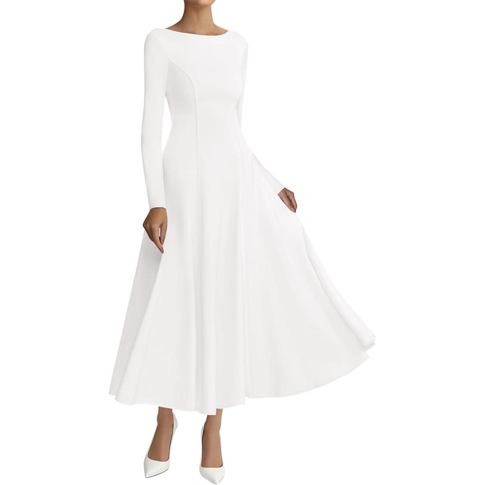 imageBTFBM Fall Dresses for Women 2025 Trendy Boat Neck Long Sleeve A Line Flowy Knit Loose Casual Elegant Party Maxi DressWhite