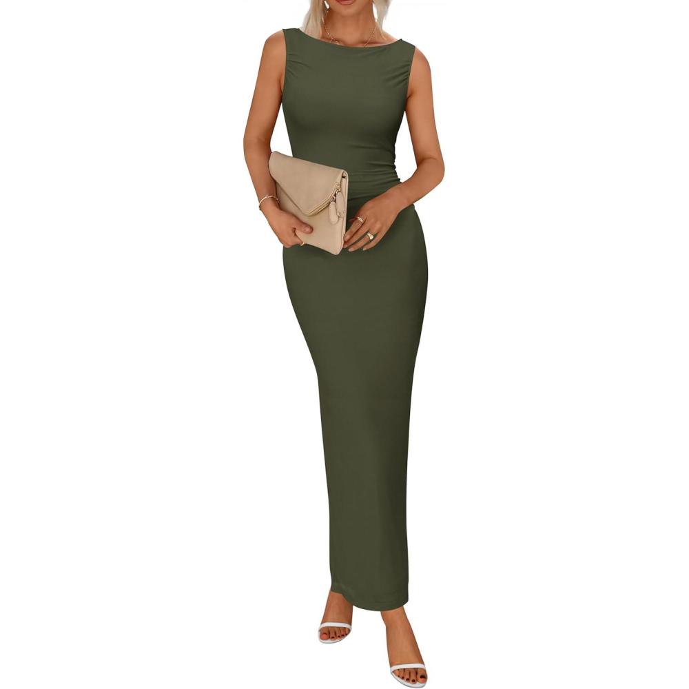 imageBTFBM Formal Wedding Guest Dresses for Women Summer Fall 2025 Sleeveless Ruched Bodycon Mesh Elegant Maxi Cocktail DressArmy Green