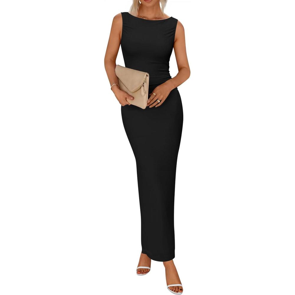 imageBTFBM Formal Wedding Guest Dresses for Women Summer Fall 2025 Sleeveless Ruched Bodycon Mesh Elegant Maxi Cocktail DressBlack