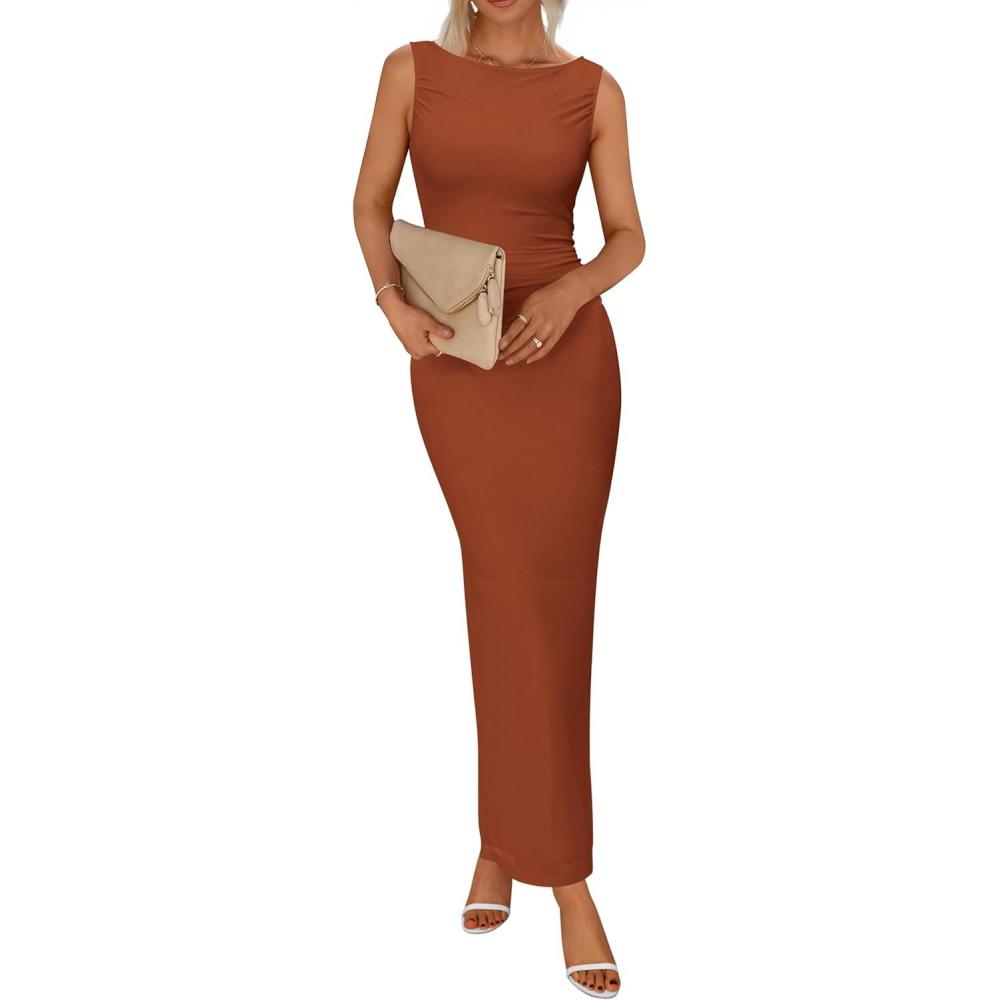 imageBTFBM Formal Wedding Guest Dresses for Women Summer Fall 2025 Sleeveless Ruched Bodycon Mesh Elegant Maxi Cocktail DressCaramel