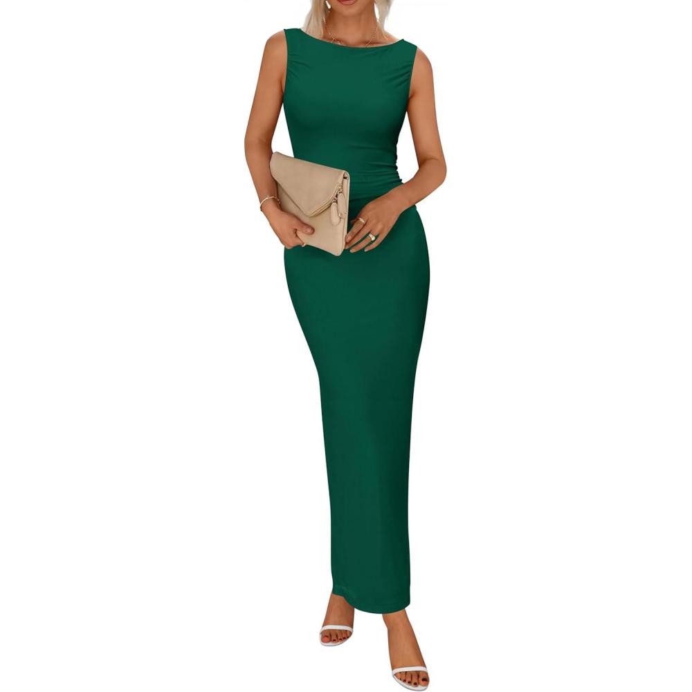 imageBTFBM Formal Wedding Guest Dresses for Women Summer Fall 2025 Sleeveless Ruched Bodycon Mesh Elegant Maxi Cocktail DressGreen