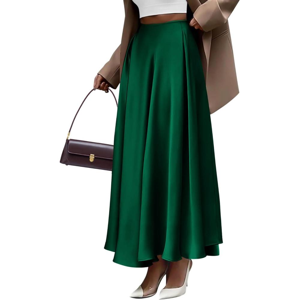 imageBTFBM High Waisted Skirts for Women Fall Clothes 2025 Elegant Satin Flowy ALine Cocktail Formal Night Out Maxi SkirtDark Green