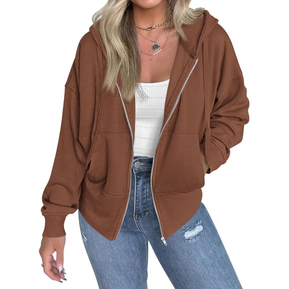 imageBTFBM Hoodies for Women Zip Up jacket Drawstring Fall Fashion 2025 Trendy Long Sleeve Sweatshirt Winter Clothing OutfitsBrown