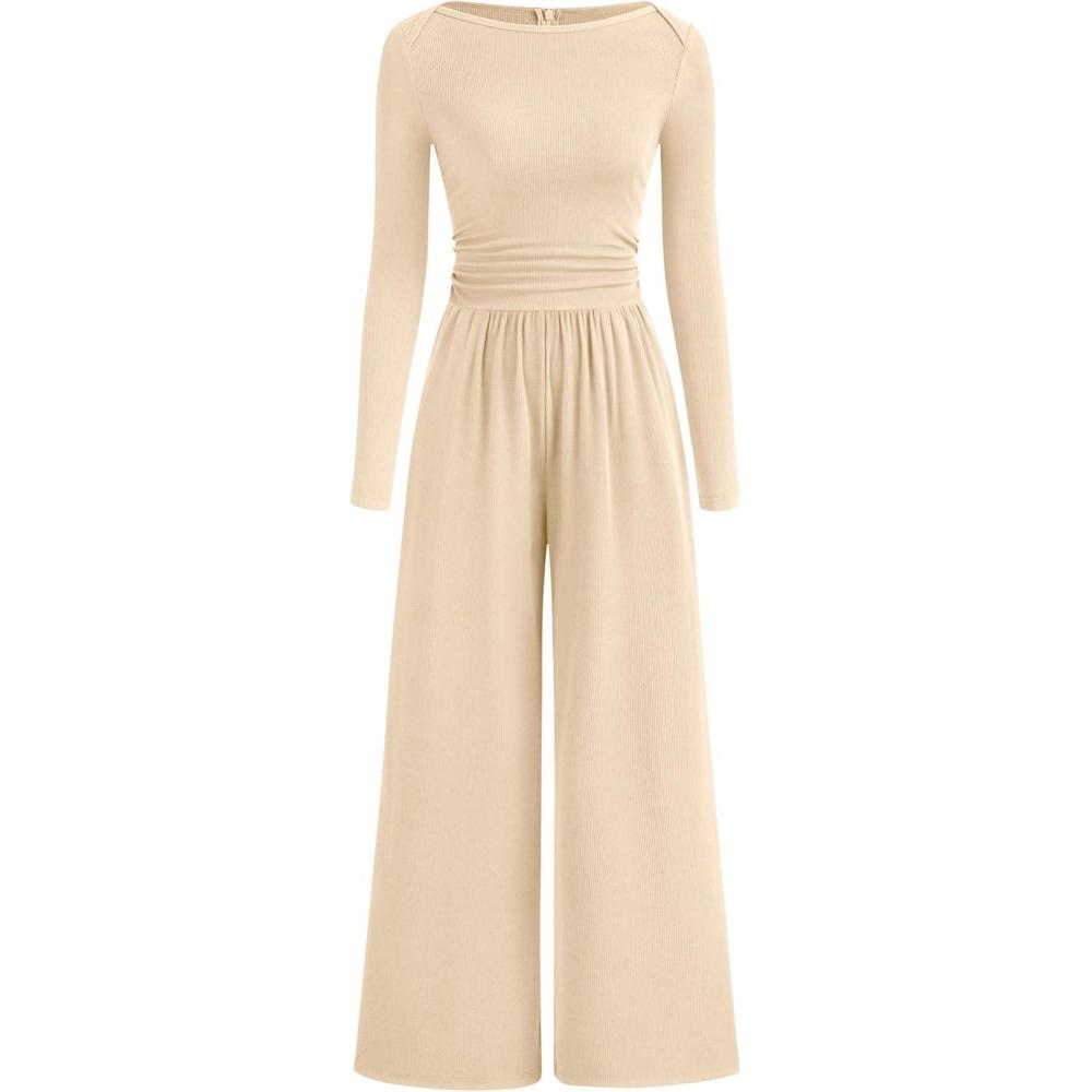 imageBTFBM Jumpsuits For Women One Piece Outfits Long Sleeve Stretchy Knit Wide Leg Pants Womens Jumpsuit Fall Clothes 2025Beige
