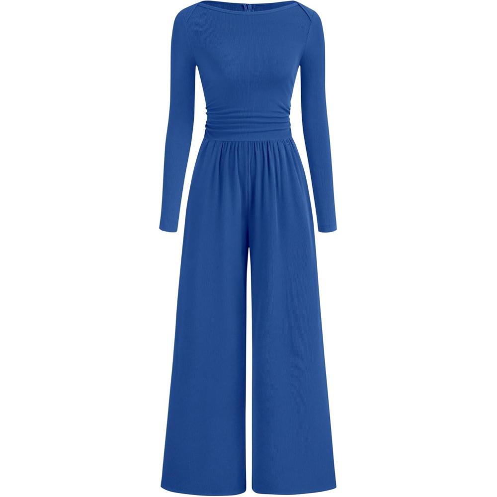 imageBTFBM Jumpsuits For Women One Piece Outfits Long Sleeve Stretchy Knit Wide Leg Pants Womens Jumpsuit Fall Clothes 2025Blue