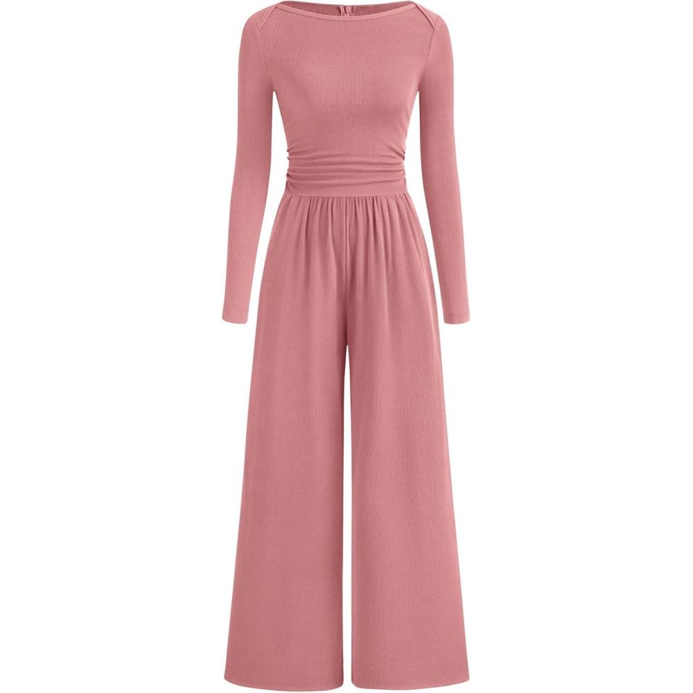 imageBTFBM Jumpsuits For Women One Piece Outfits Long Sleeve Stretchy Knit Wide Leg Pants Womens Jumpsuit Fall Clothes 2025Grey Pink