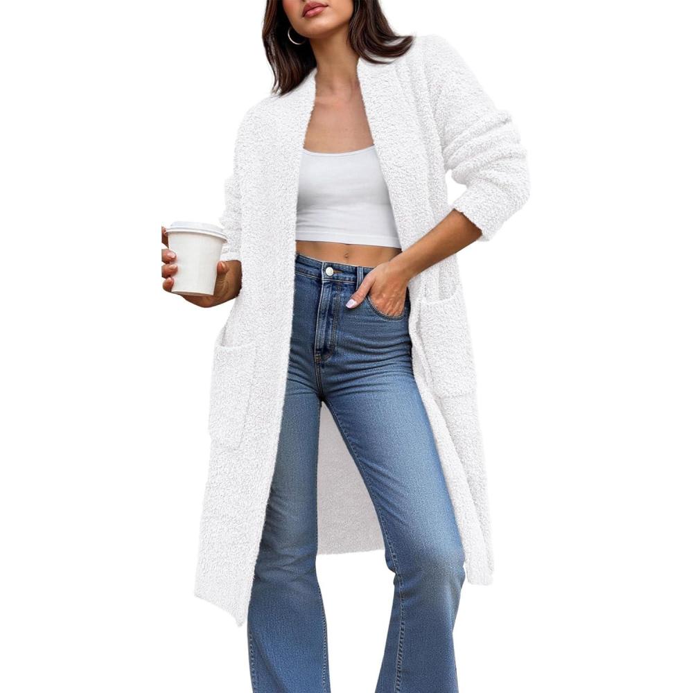 imageBTFBM Long Cardigans for Women Trendy Fall 2025 Open Front Long Sleeve Oversized Sweaters Casual Knit Winter CoatsWhite