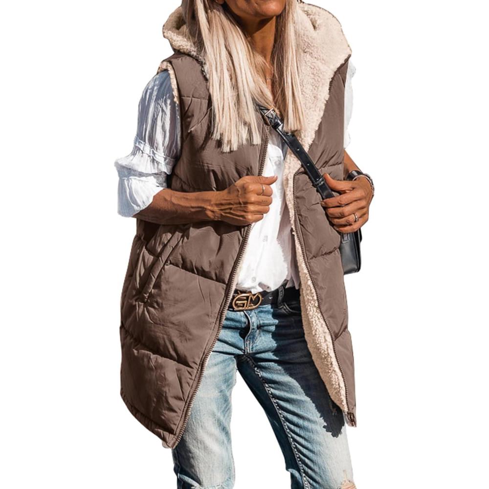 imageBTFBM Long Puffer Vest Women Fleece Sherpa Jacket Sleeveless Hooded Reversible Zip Up Winter Coat Fall Vests OuterwearCoffee