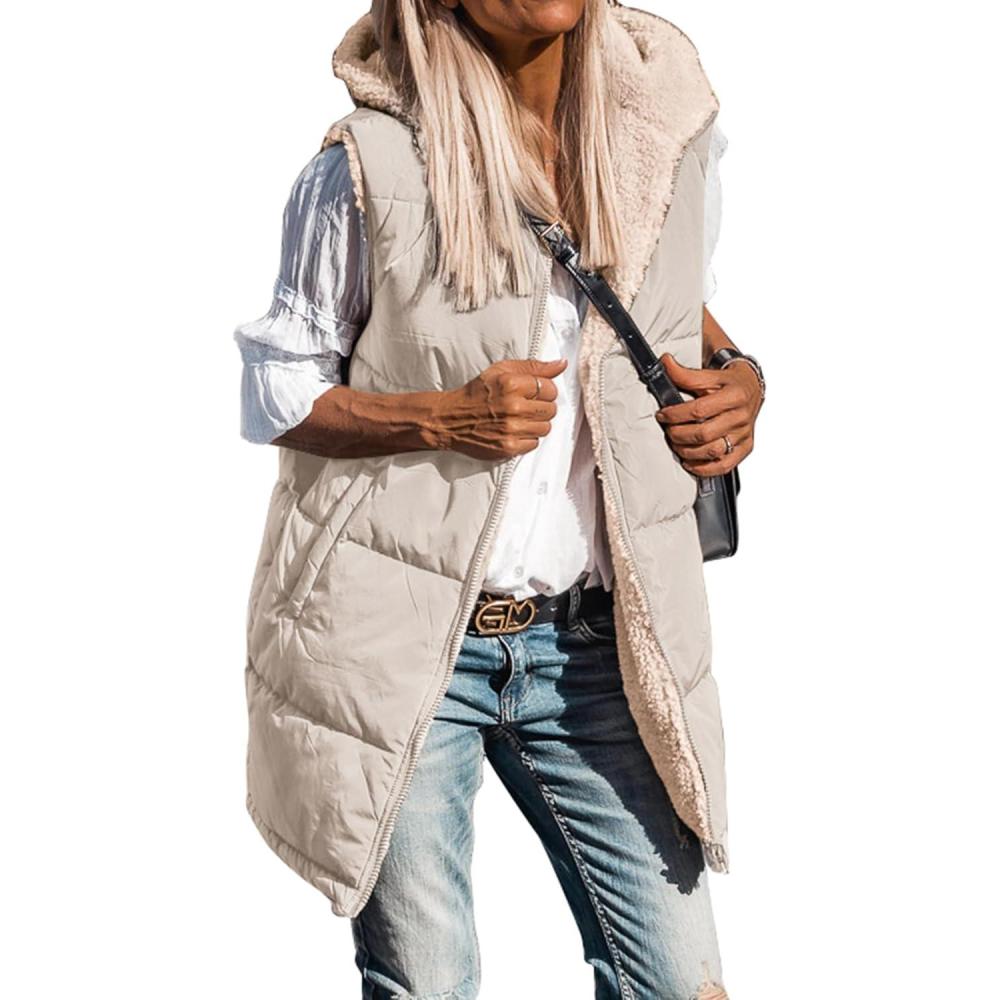 imageBTFBM Long Puffer Vest Women Fleece Sherpa Jacket Sleeveless Hooded Reversible Zip Up Winter Coat Fall Vests OuterwearLight Khaki