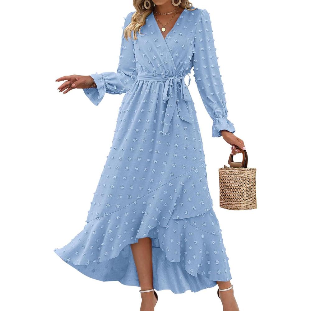 imageBTFBM Long Sleeve Maxi Dresses for Women V Neck Swiss Dot Boho Flowy Slit Cocktail Wedding Guest Dress Fall Clothes 2025Sky Blue