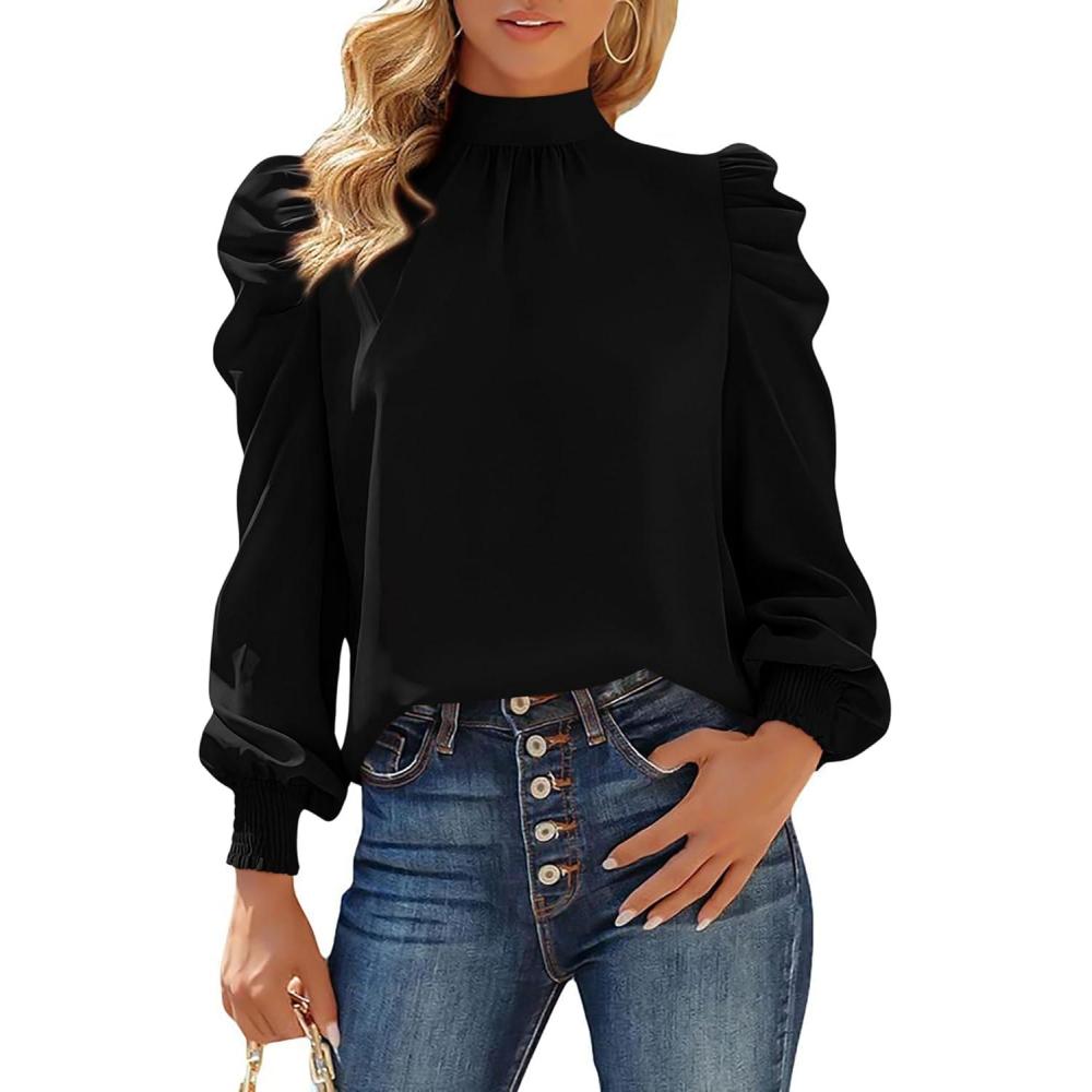imageBTFBM Mock Neck Long Sleeve Blouses for Women Dressy Casual Business Work Shirts 2025 Spring Fall Clothes Satin TopsBlack