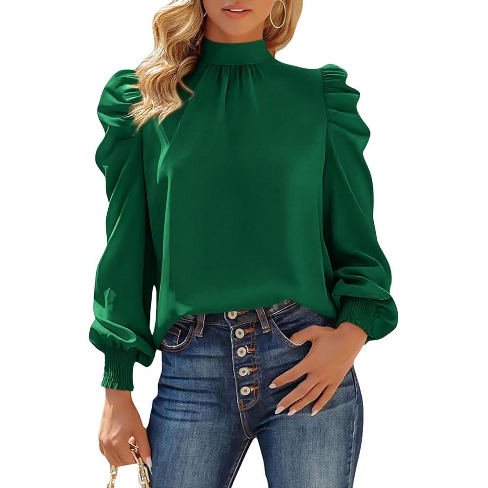 imageBTFBM Mock Neck Long Sleeve Blouses for Women Dressy Casual Business Work Shirts 2025 Spring Fall Clothes Satin TopsDark Green