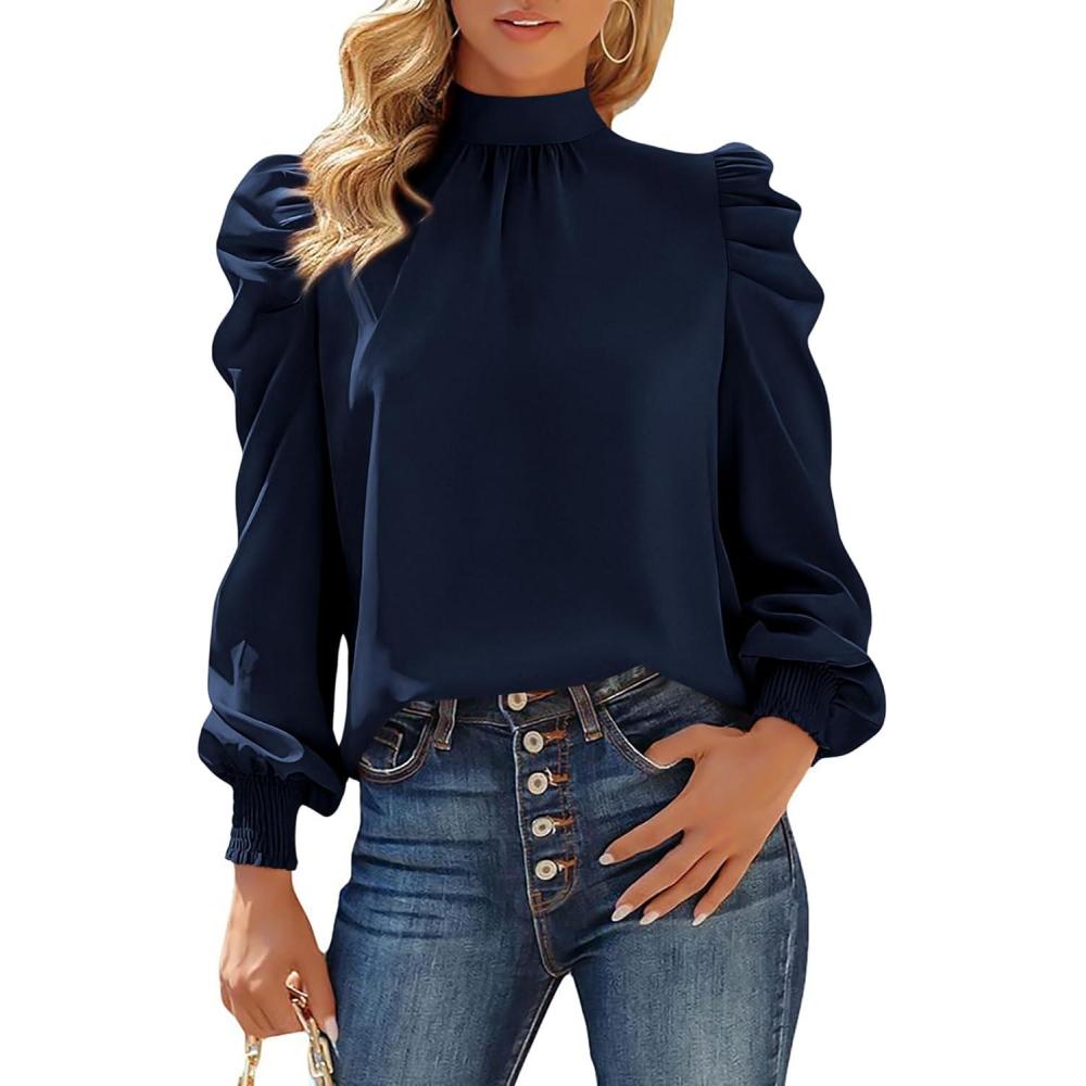 imageBTFBM Mock Neck Long Sleeve Blouses for Women Dressy Casual Business Work Shirts 2025 Spring Fall Clothes Satin TopsNavy