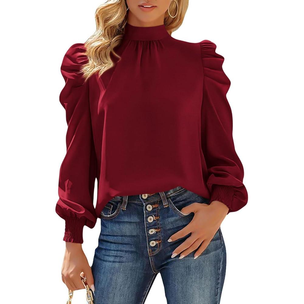 imageBTFBM Mock Neck Long Sleeve Blouses for Women Dressy Casual Business Work Shirts 2025 Spring Fall Clothes Satin TopsWine Red