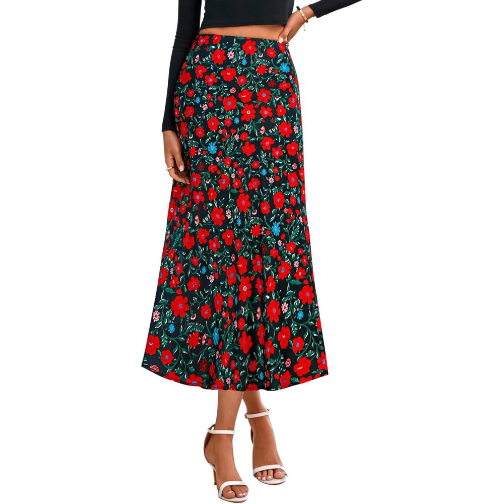 imageBTFBM Satin Skirts for Women 2025 Fall High Waisted ALine Leopard Print Cocktail Wedding Long Silk Summer Midi SkirtFloral Black Red