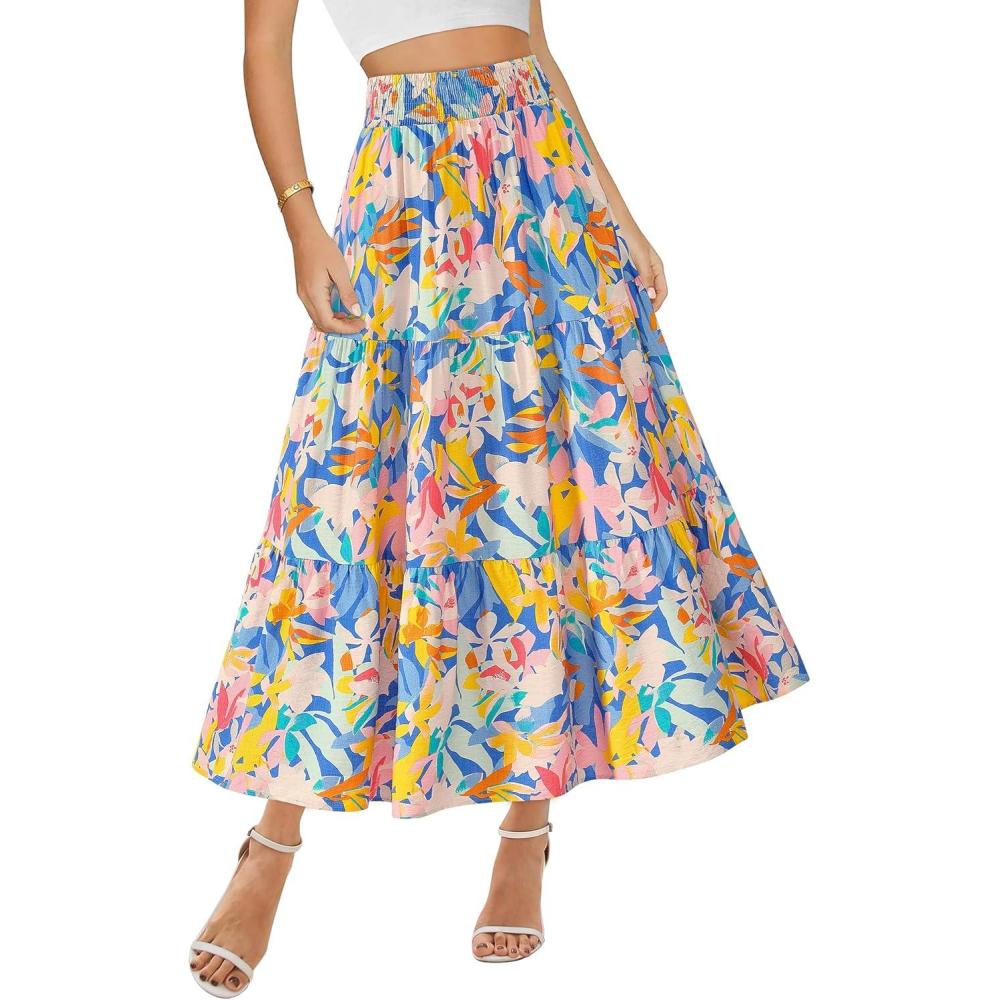 imageBTFBM Skirts for Women Floral Print Fall Fashion 2025 A Line Elastic High Waist Boho Holiday Maxi Skirt PocketsFloral Multicolour