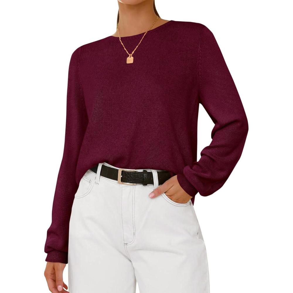 imageBTFBM Sweaters for Women 2025 Early Fall Fashion Crewneck Long Sleeve Ribbed Knit Oversized Pullover Casual Loose TopsBurgundy