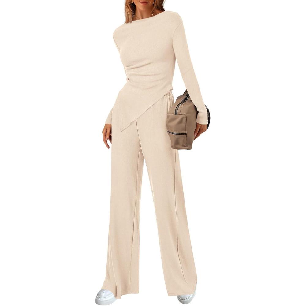 imageBTFBM Two Piece Sets For Women 2025 Asymmetrical Boat Neck Wide Leg Pants Lounge Set Airport Outfits Fall ClothesBeige