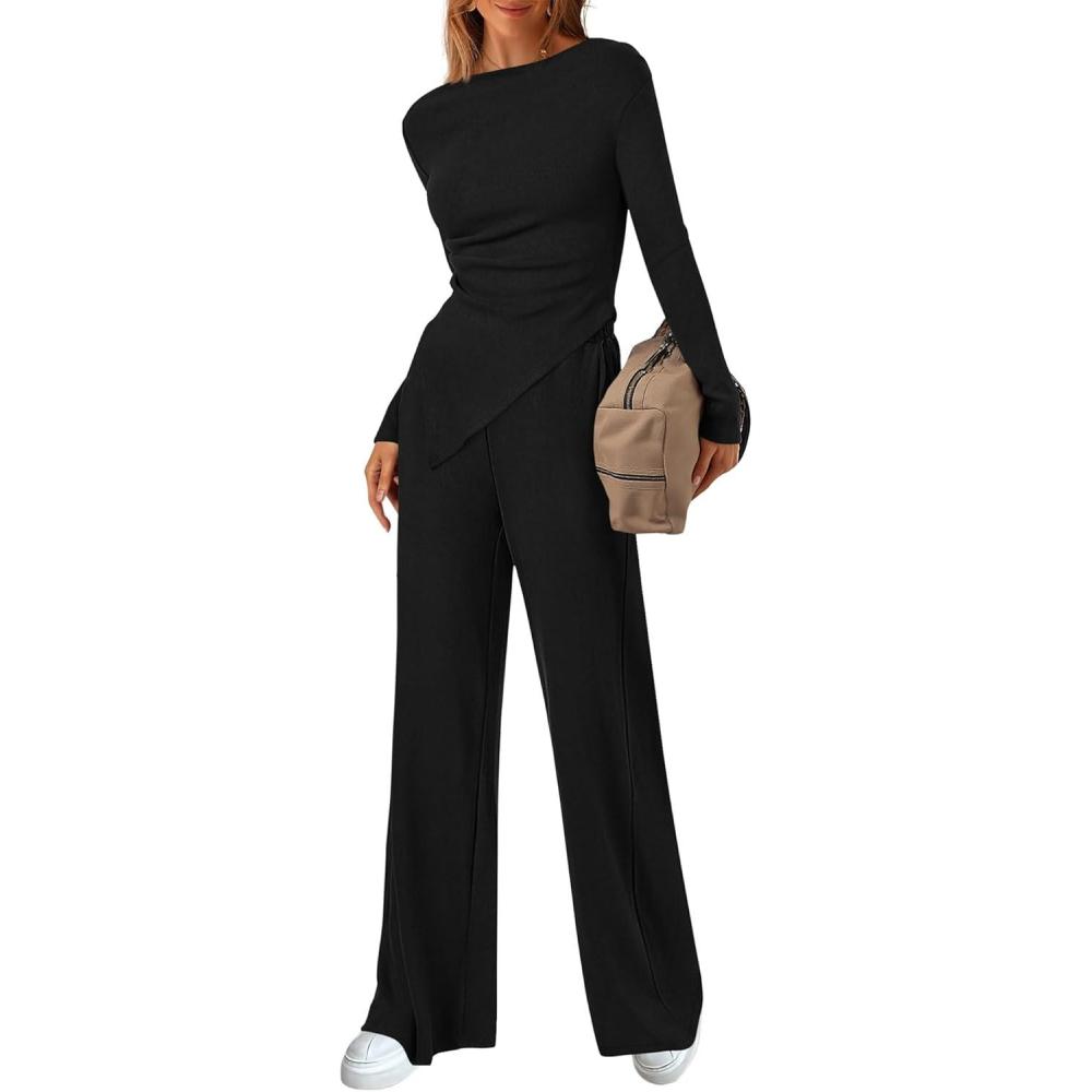 imageBTFBM Two Piece Sets For Women 2025 Asymmetrical Boat Neck Wide Leg Pants Lounge Set Airport Outfits Fall ClothesBlack