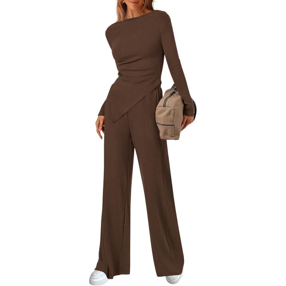 imageBTFBM Two Piece Sets For Women 2025 Asymmetrical Boat Neck Wide Leg Pants Lounge Set Airport Outfits Fall ClothesBrown