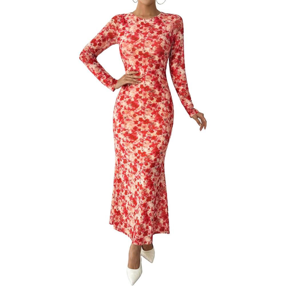 imageBTFBM Wedding Guest Dresses for Women Fall Fashion 2025 Bodycon Long Sleeve Boho Mesh Party Cocktail Floral Maxi DressApricot Red Flower