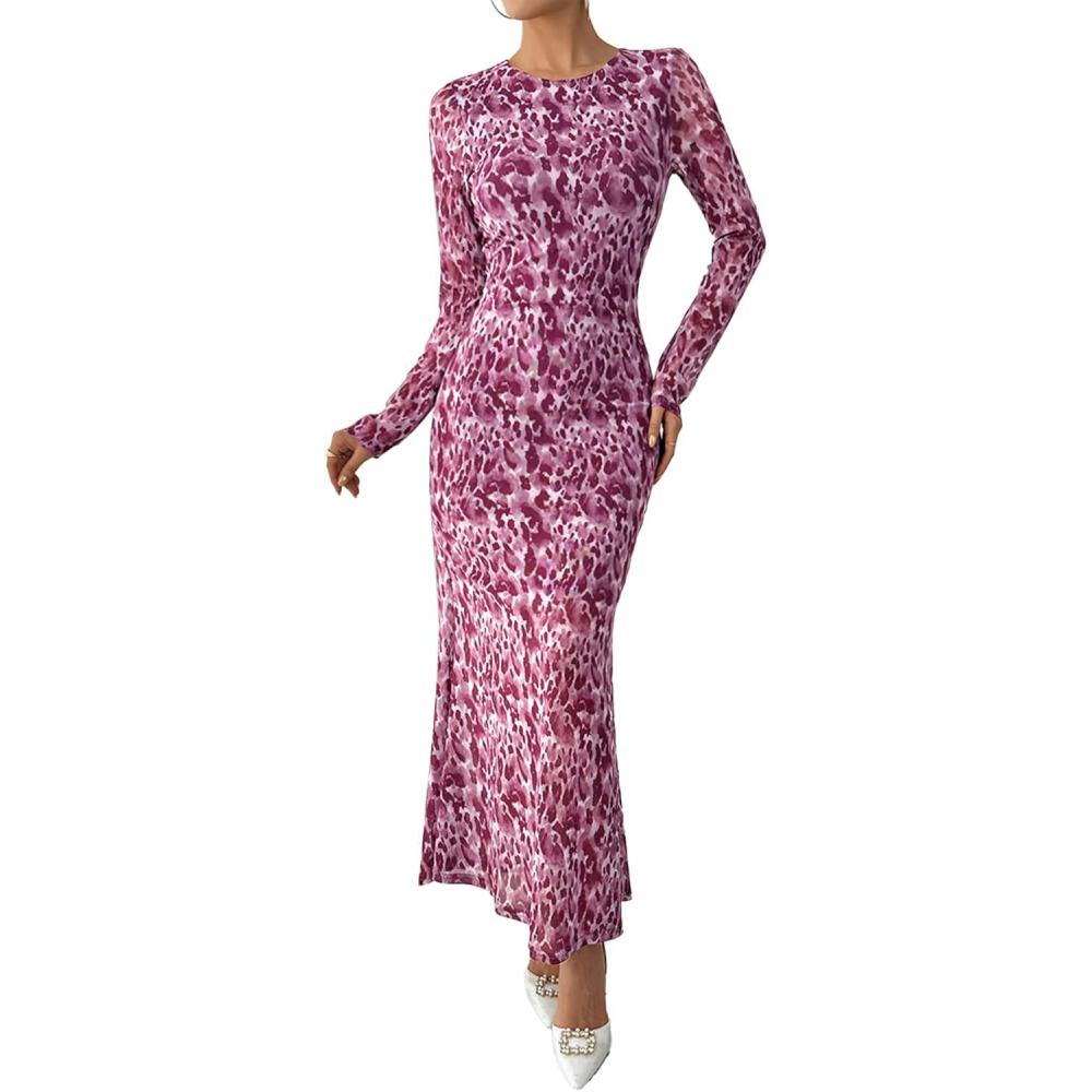 imageBTFBM Wedding Guest Dresses for Women Fall Fashion 2025 Bodycon Long Sleeve Boho Mesh Party Cocktail Floral Maxi DressLeopard