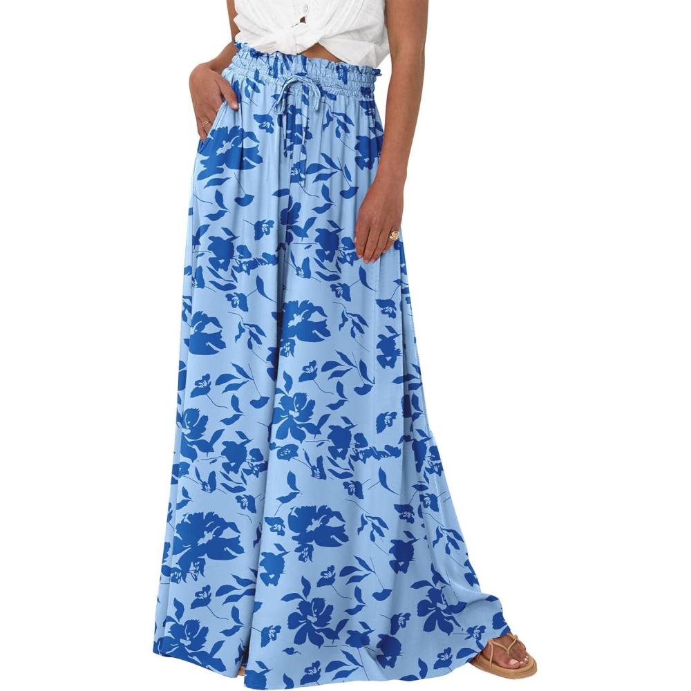 imageBTFBM Women Casual High Waist Wide Leg Pants 2025 Summer Fall Long Palazzo Pants Pocket Lounge Vacation Beach TrousersPrint Blue