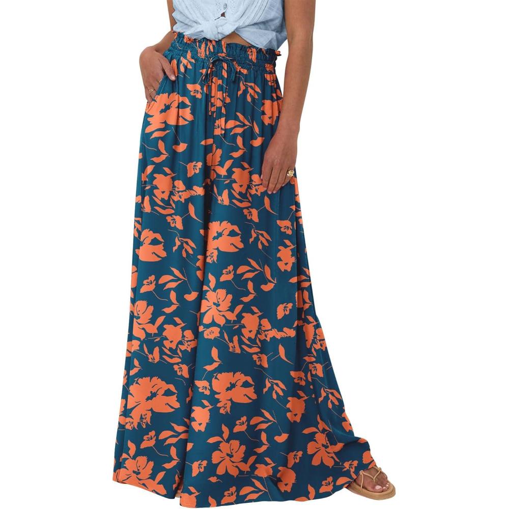 imageBTFBM Women Casual High Waist Wide Leg Pants 2025 Summer Fall Long Palazzo Pants Pocket Lounge Vacation Beach TrousersPrint Dark Blue Orange