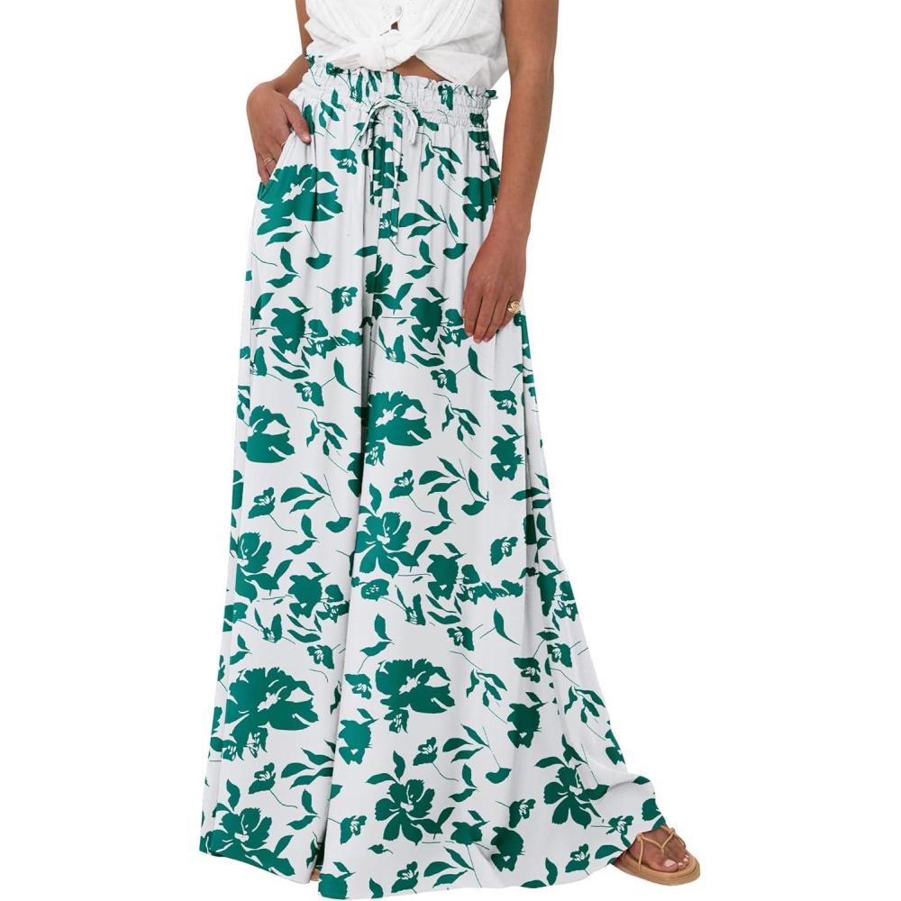 imageBTFBM Women Casual High Waist Wide Leg Pants 2025 Summer Fall Long Palazzo Pants Pocket Lounge Vacation Beach TrousersPrint Green