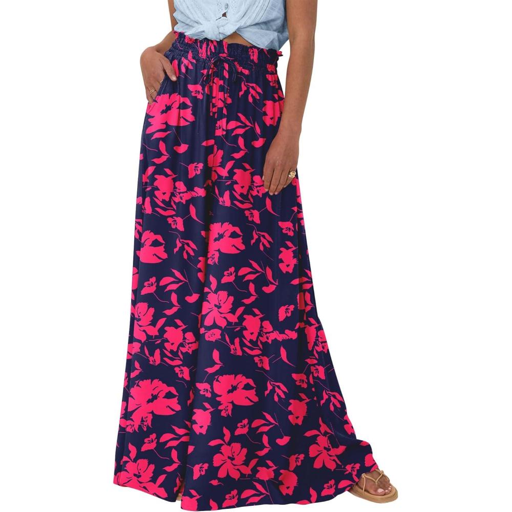imageBTFBM Women Casual High Waist Wide Leg Pants 2025 Summer Fall Long Palazzo Pants Pocket Lounge Vacation Beach TrousersPrint Navy Rose Red