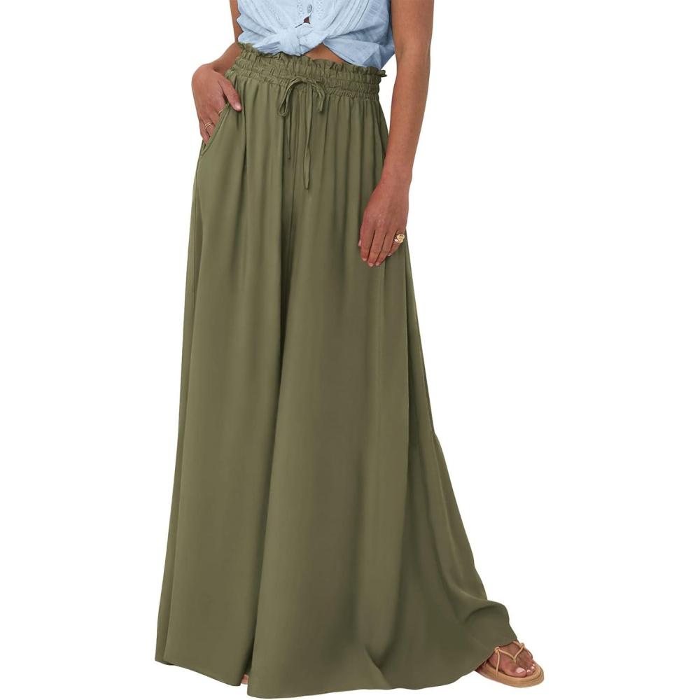 imageBTFBM Women Casual High Waist Wide Leg Pants 2025 Summer Fall Long Palazzo Pants Pocket Lounge Vacation Beach TrousersSolid Army Green