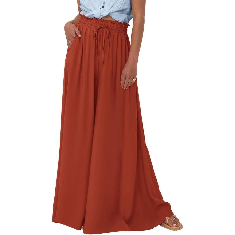 imageBTFBM Women Casual High Waist Wide Leg Pants 2025 Summer Fall Long Palazzo Pants Pocket Lounge Vacation Beach TrousersSolid Brick Red