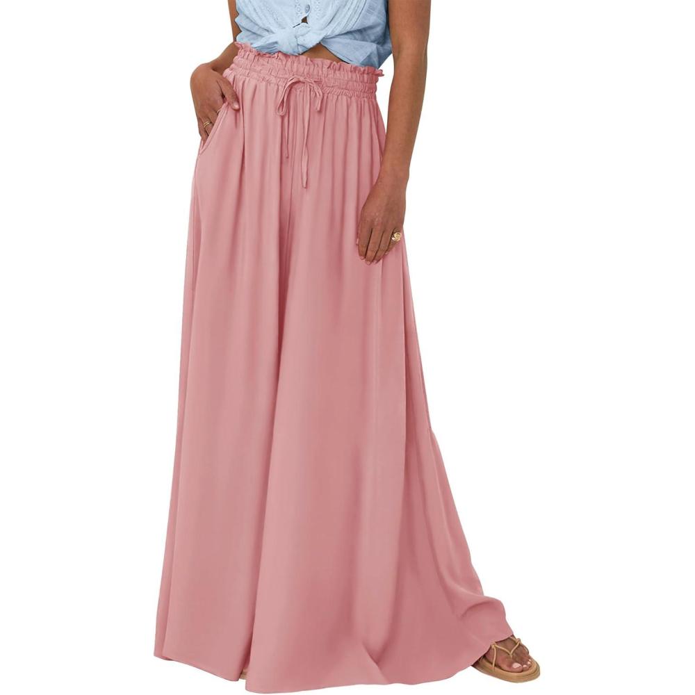 imageBTFBM Women Casual High Waist Wide Leg Pants 2025 Summer Fall Long Palazzo Pants Pocket Lounge Vacation Beach TrousersSolid Pink