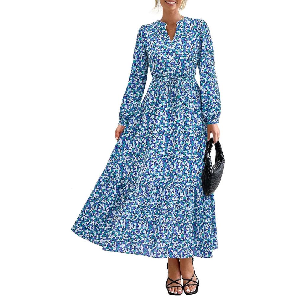 imageBTFBM Womens Fall Dresses 2025 Casual Long Sleeve Boho Floral V Neck Button Down Pockets Flowy Vacation Wedding DressBlue