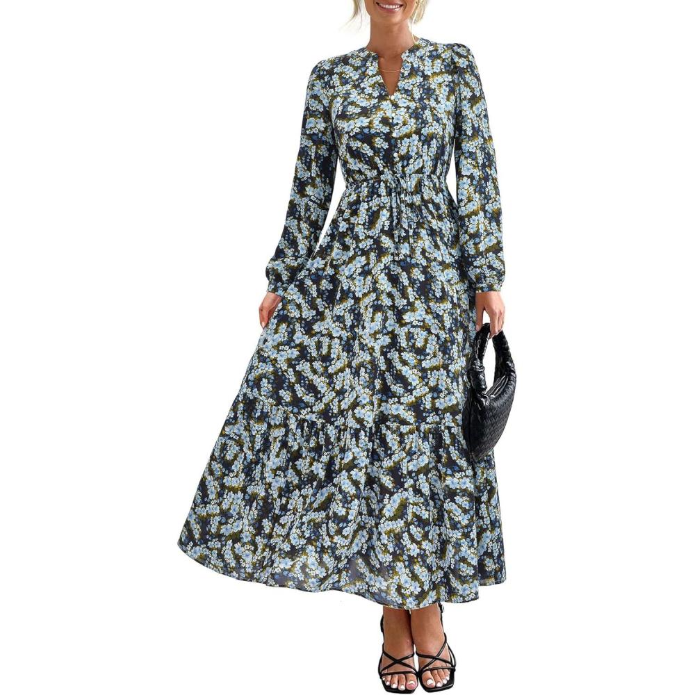 imageBTFBM Womens Fall Dresses 2025 Casual Long Sleeve Boho Floral V Neck Button Down Pockets Flowy Vacation Wedding DressFloral Blue Yellow