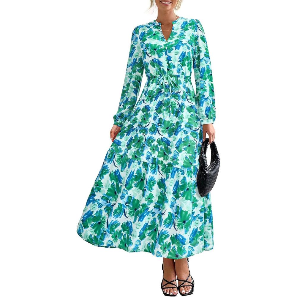 imageBTFBM Womens Fall Dresses 2025 Casual Long Sleeve Boho Floral V Neck Button Down Pockets Flowy Vacation Wedding DressFloral Green