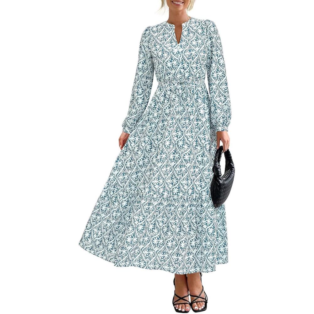 imageBTFBM Womens Fall Dresses 2025 Casual Long Sleeve Boho Floral V Neck Button Down Pockets Flowy Vacation Wedding DressFloral White Green