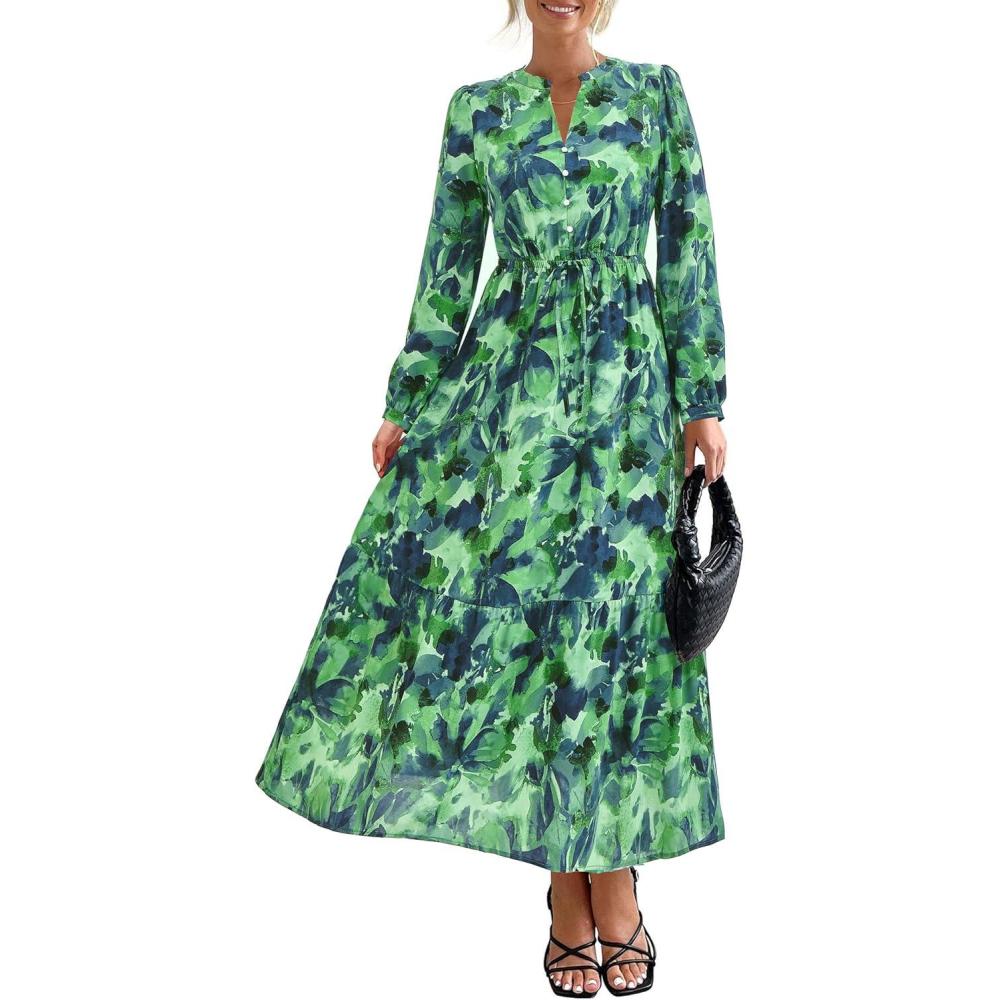 imageBTFBM Womens Fall Dresses 2025 Casual Long Sleeve Boho Floral V Neck Button Down Pockets Flowy Vacation Wedding DressGreen