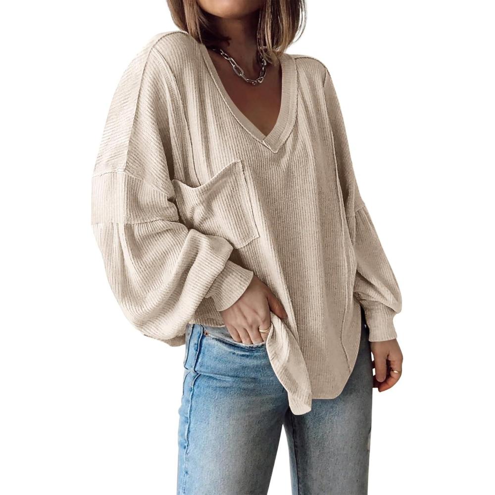 imageBTFBM Womens Fall Fashion 2025 Long Sleeve Shirts Casual V Neck Ribbed Knit Blouses Pullover Trendy Loose Fit Tunic TopsApricot