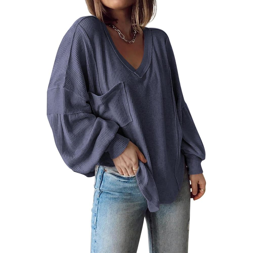 imageBTFBM Womens Fall Fashion 2025 Long Sleeve Shirts Casual V Neck Ribbed Knit Blouses Pullover Trendy Loose Fit Tunic TopsSolid Dark Grey Blue