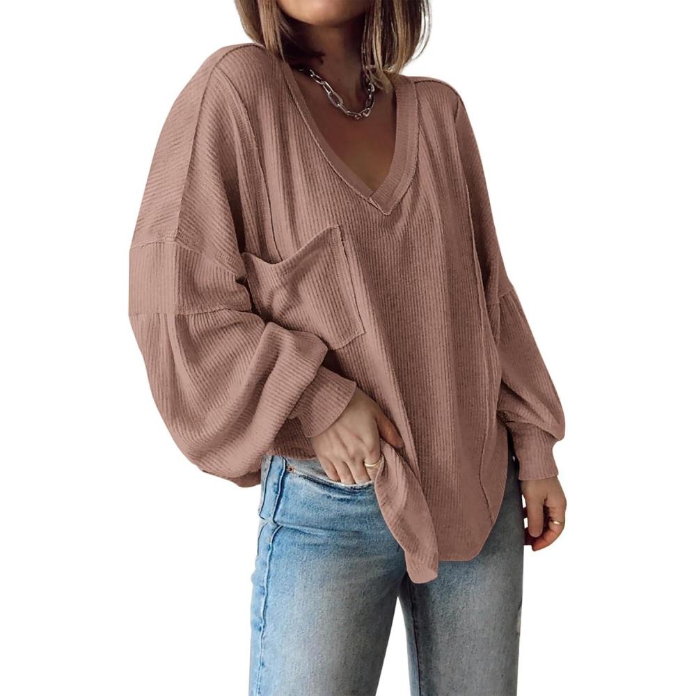 imageBTFBM Womens Fall Fashion 2025 Long Sleeve Shirts Casual V Neck Ribbed Knit Blouses Pullover Trendy Loose Fit Tunic TopsSolid Khaki
