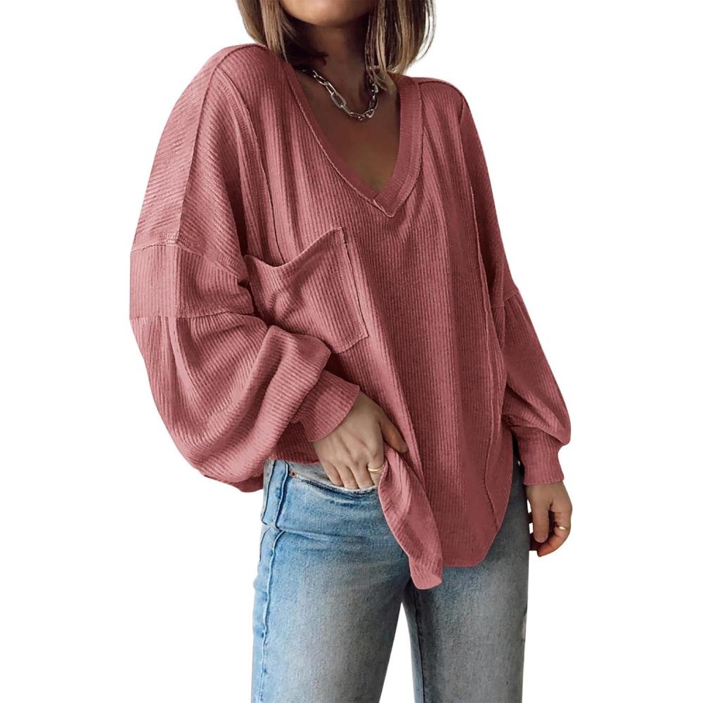 imageBTFBM Womens Fall Fashion 2025 Long Sleeve Shirts Casual V Neck Ribbed Knit Blouses Pullover Trendy Loose Fit Tunic TopsSolid Pink