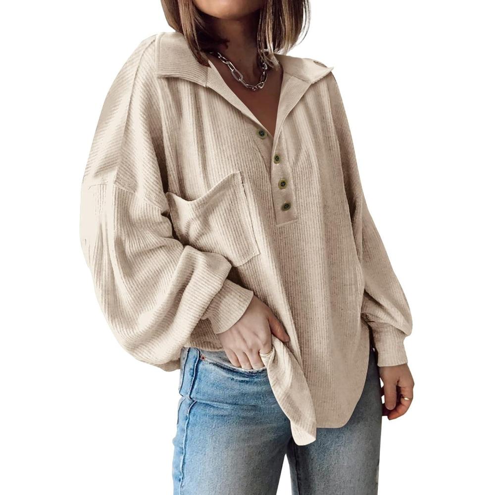 imageBTFBM Womens Fall Fashion 2025 Long Sleeve Shirts Casual V Neck Ribbed Knit Blouses Pullover Trendy Loose Fit Tunic TopsTurndown Apricot