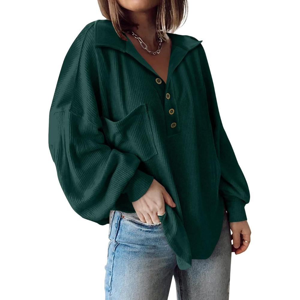 imageBTFBM Womens Fall Fashion 2025 Long Sleeve Shirts Casual V Neck Ribbed Knit Blouses Pullover Trendy Loose Fit Tunic TopsTurndown Dark Green