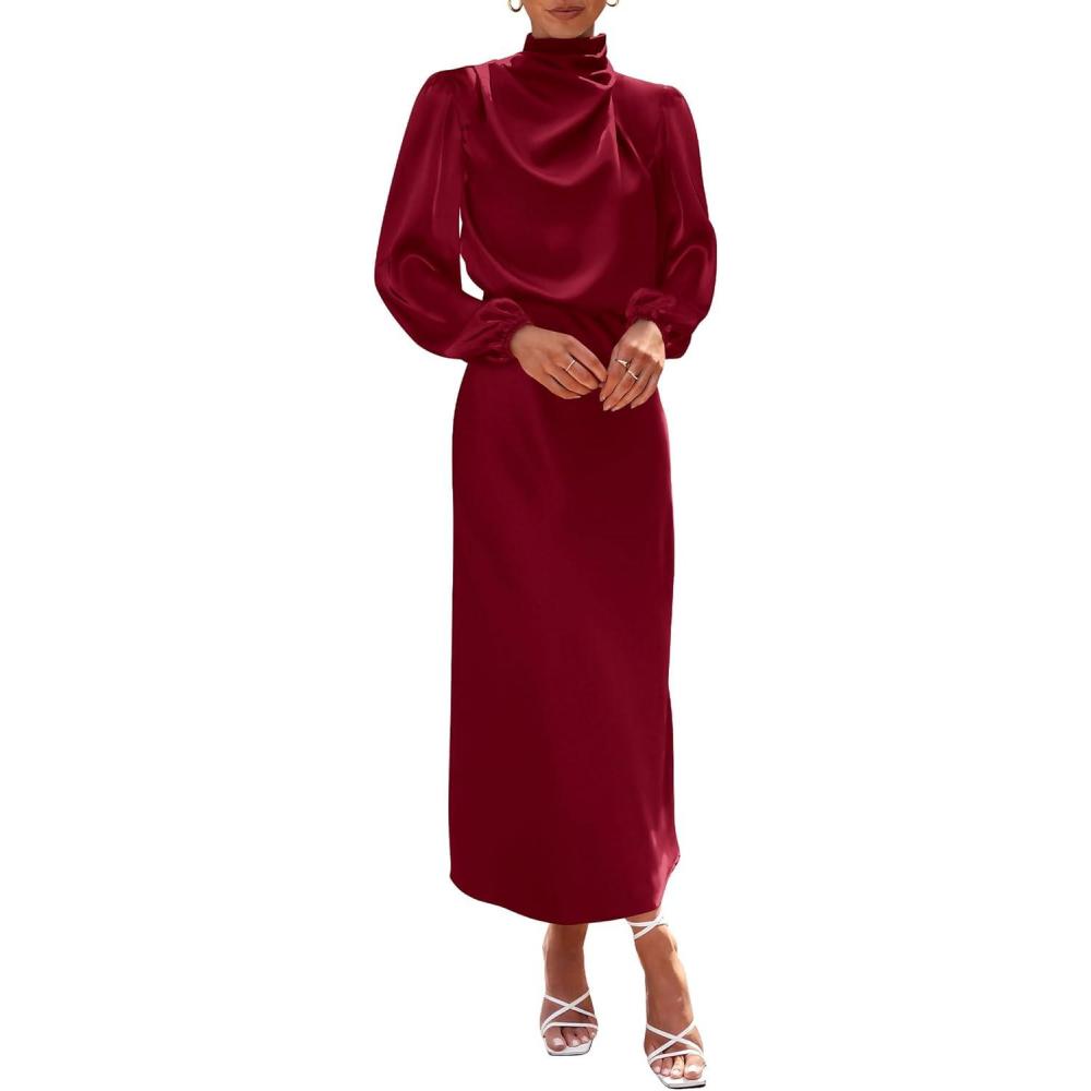 imageBTFBM Womens Mock Neck Satin Dress Summer Fall 2025 Long Sleeve High Waist Formal Wedding Party Maxi Cocktail DressesDeep Red