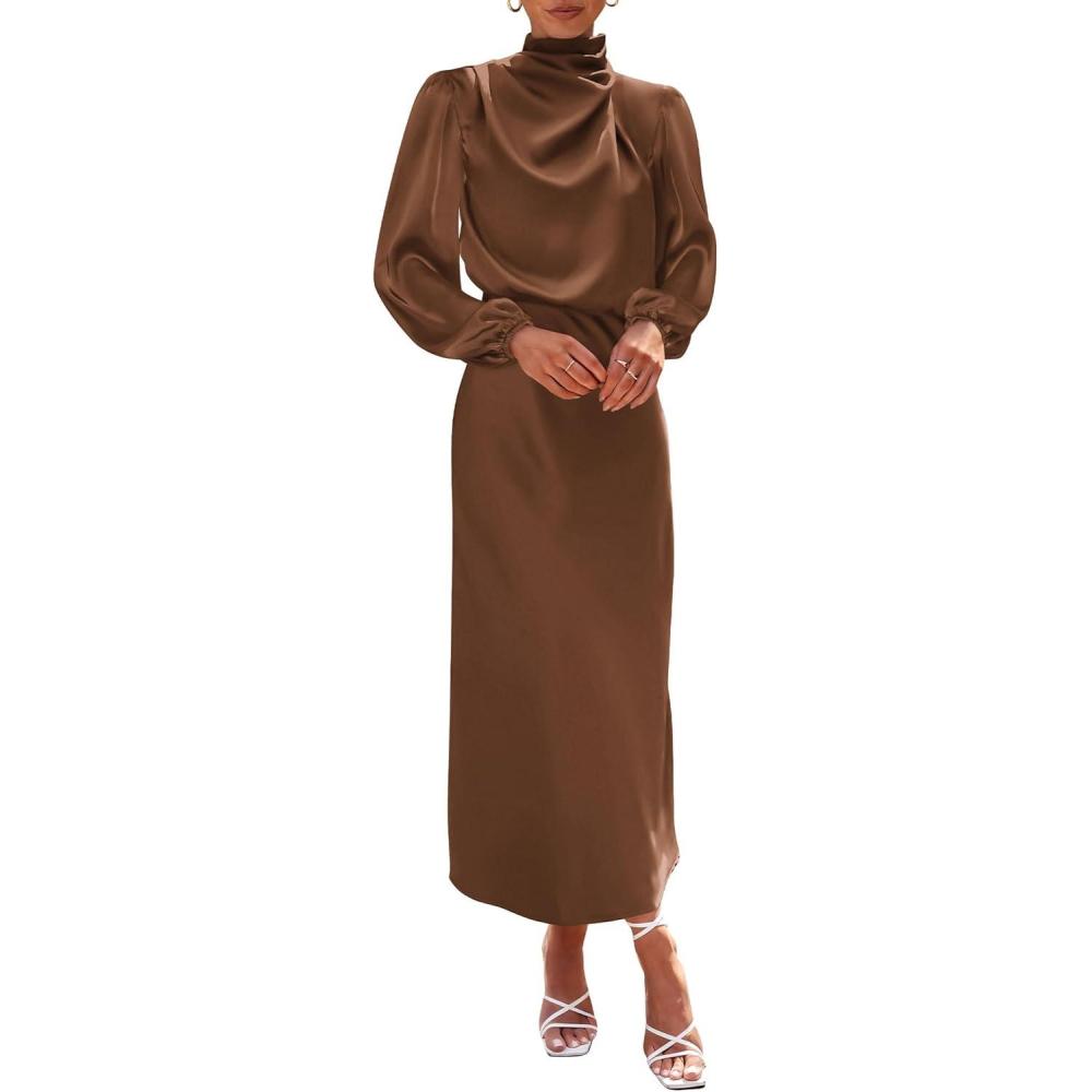 imageBTFBM Womens Mock Neck Satin Dress Summer Fall 2025 Long Sleeve High Waist Formal Wedding Party Maxi Cocktail DressesKhaki